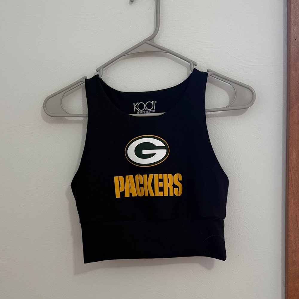 Green Bay Packers Black Crop Tank Top - Logo Front